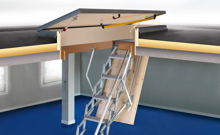 Roof door combined with ladder or scissor stairs